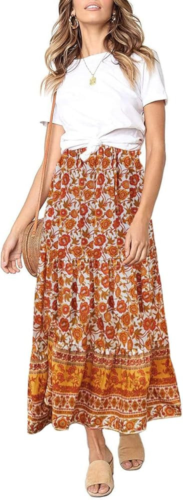 MEROKEETY Women's Boho Floral Print Elastic High Waist Pleated A Line Maxi Skirt | Amazon (US)