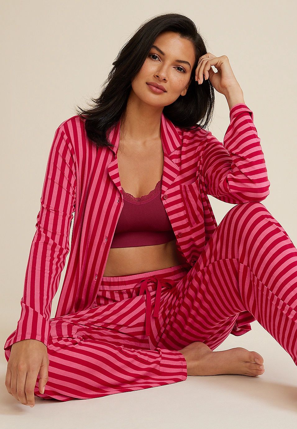 Pink Striped Button Down Top And Wide Leg Pajama Set | Maurices