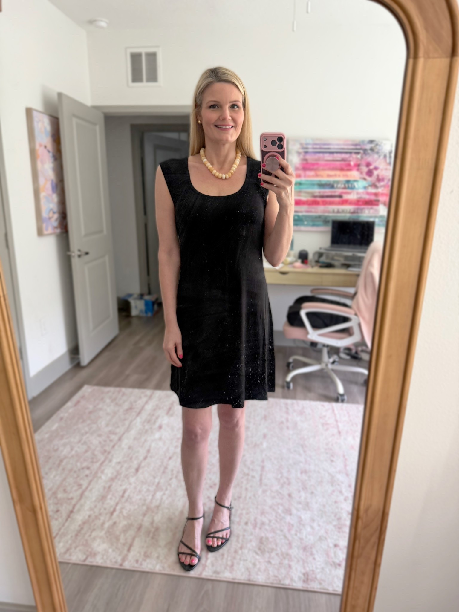 New black tank jersey dress in size small tall. Very comfy! New neutral bead necklace from Free People. Comes in a bunch of colors. Black strappy low heels from Target  

#LTKTall #LTKootd #LTKOver40