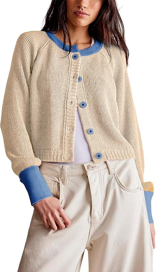 PUWEI Women's Color Block Cardigan Sweaters Button-Up Long Sleeve Cropped Knited Jacket Casual Ro... | Amazon (US)