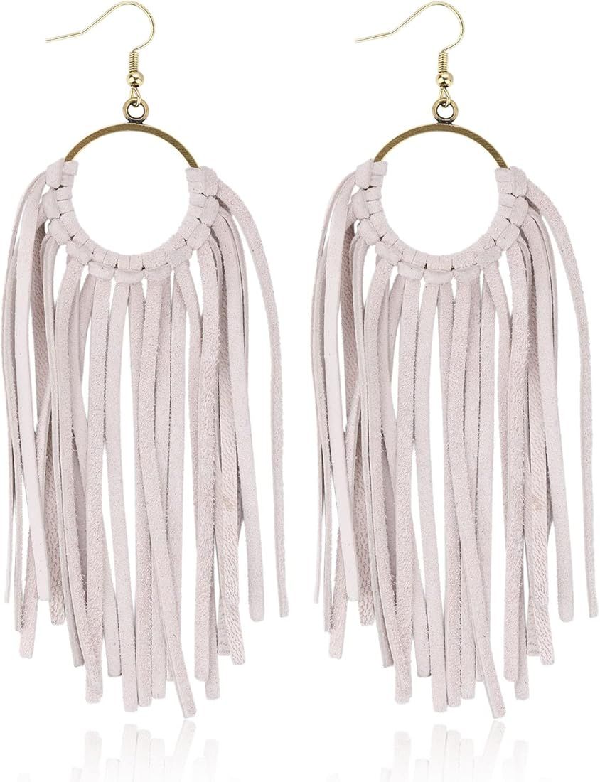 Western Leather Tassel Earrings Bohemian Handmade Fringe Dangle Drop Earrings for Women Girls | Amazon (US)