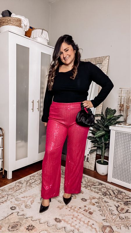 Wearing an L in the sequin pants
Wearing an XL In the asymmetrical bodysuit

Pink pants, holiday outfit, Christmas party outfit, NYE outfit, glitter pants, Amazon holiday, 

#LTKHoliday #LTKSeasonal #LTKcurves