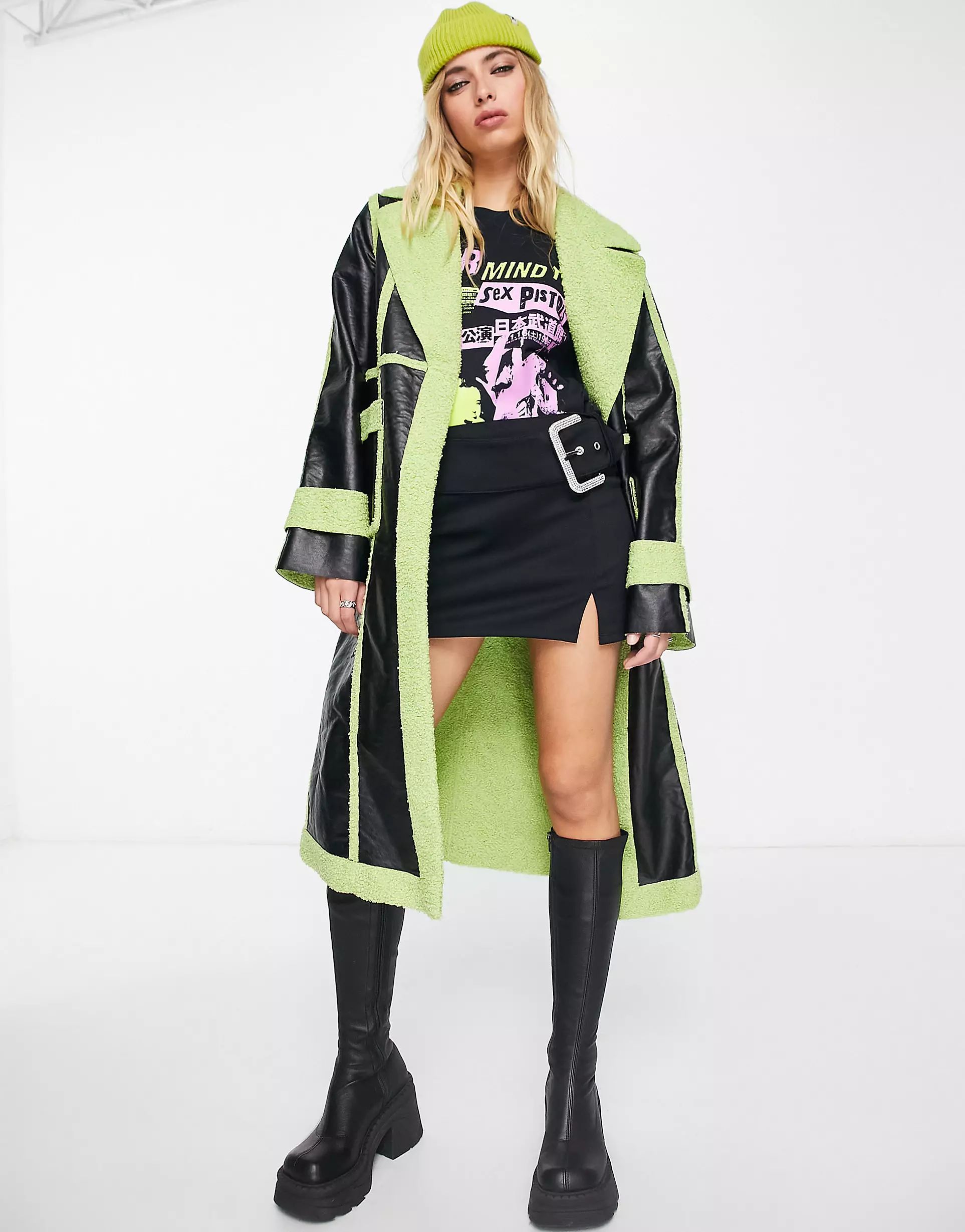 Extro & Vert PU panelled coat with lime green teddy trim | ASOS (Global)