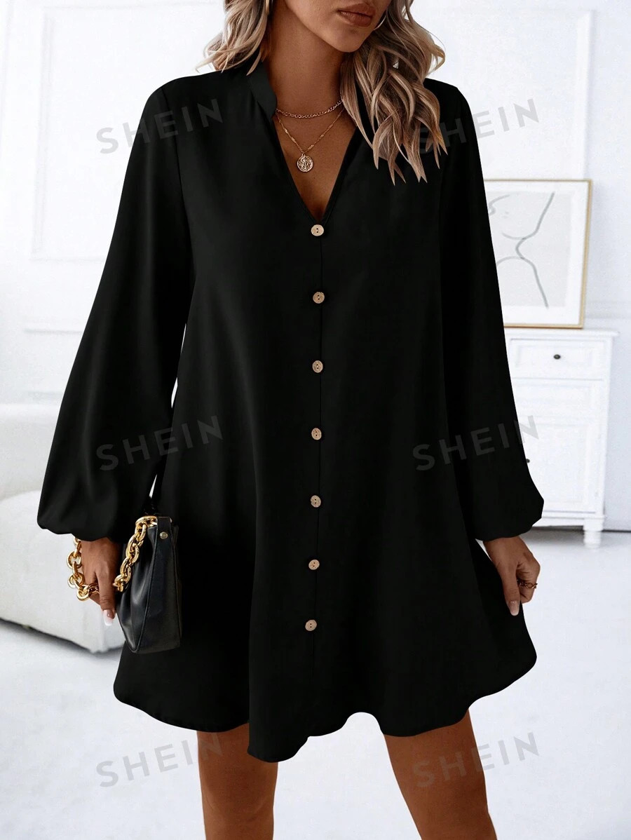 SHEIN LUNE Solid Button Front Lantern Sleeve Dress | SHEIN