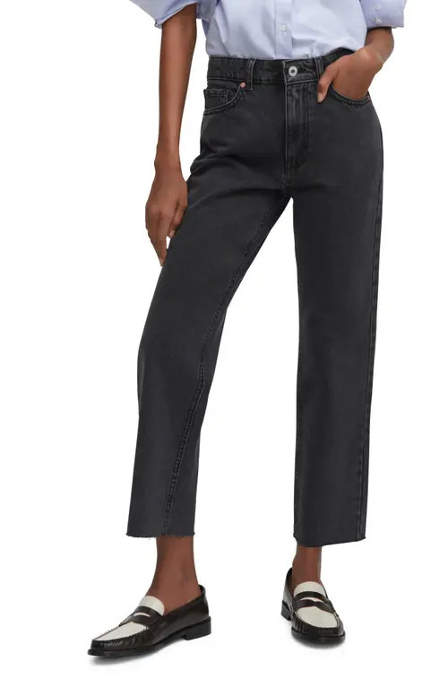 MANGO Raw Hem Crop Straight Leg Jeans in Black Denim at Nordstrom, Size 20 | Nordstrom