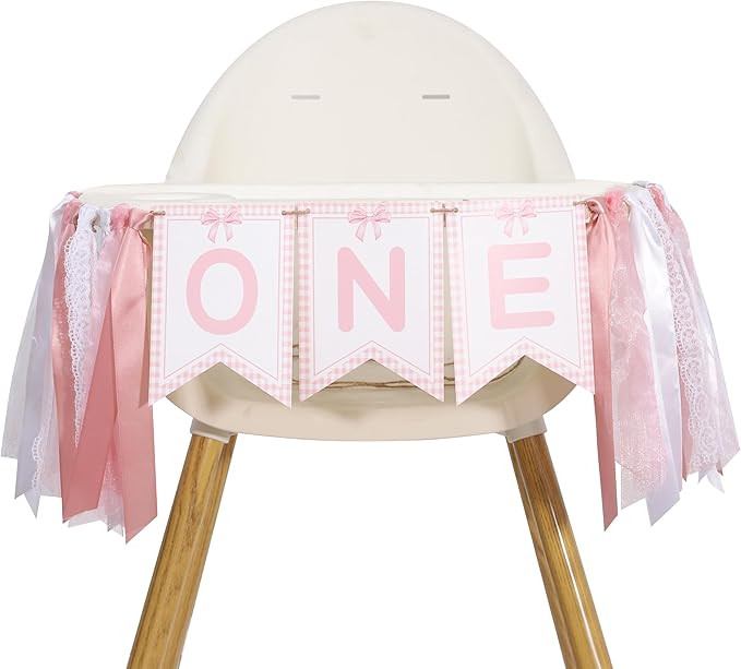 Pink Bow One High Chair Banner - One High Chair Bow Banner,Pink Bow Birthday Decoration,Pink Ribb... | Amazon (US)