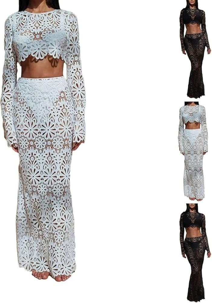 Womens Lace Hollow Out 2 Piece Outfits Long Sleeves Round Neck Crop Top and Maxi Skirt Vacation S... | Amazon (US)