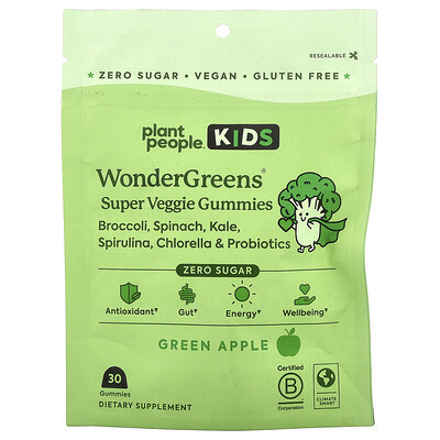 Plant People, Kids, WonderGreens® Super Veggie Gummies, Green Apple , 30 Gummies | iHerb