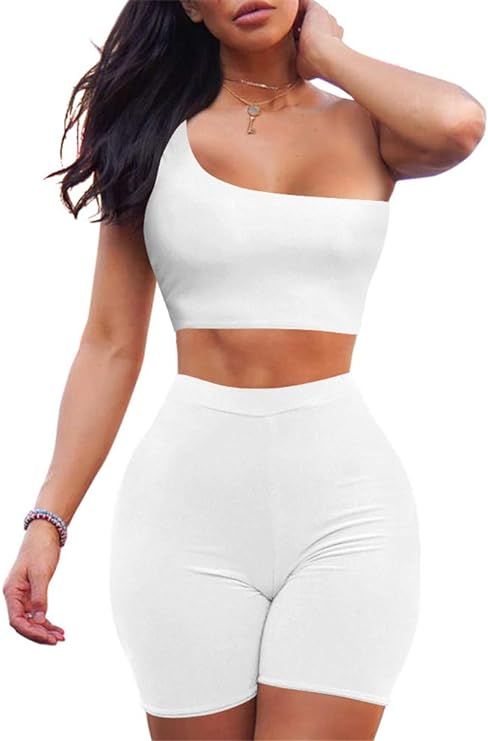 LAGSHIAN Women's Sexy 2 Pieces Outfit One Shoulder Crop Top Short Pants Bodycon Sets | Amazon (US)