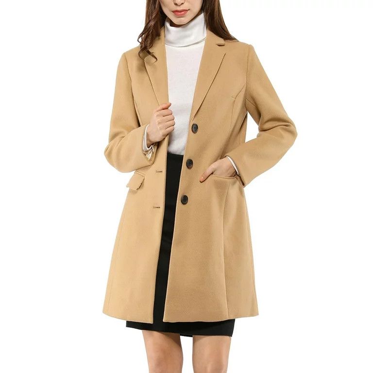 Allegra K Women's Notched Lapel Long Sleeves Single Breasted Winter Long Coat, Thanksgiving Outfit | Walmart (US)