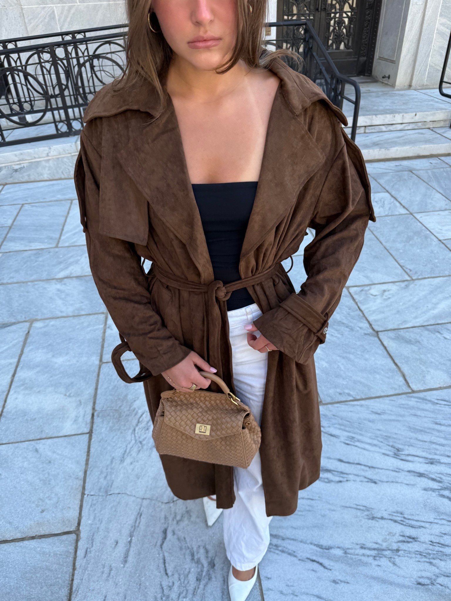 Chocolate suede trench #fallfashion #trenchcoat