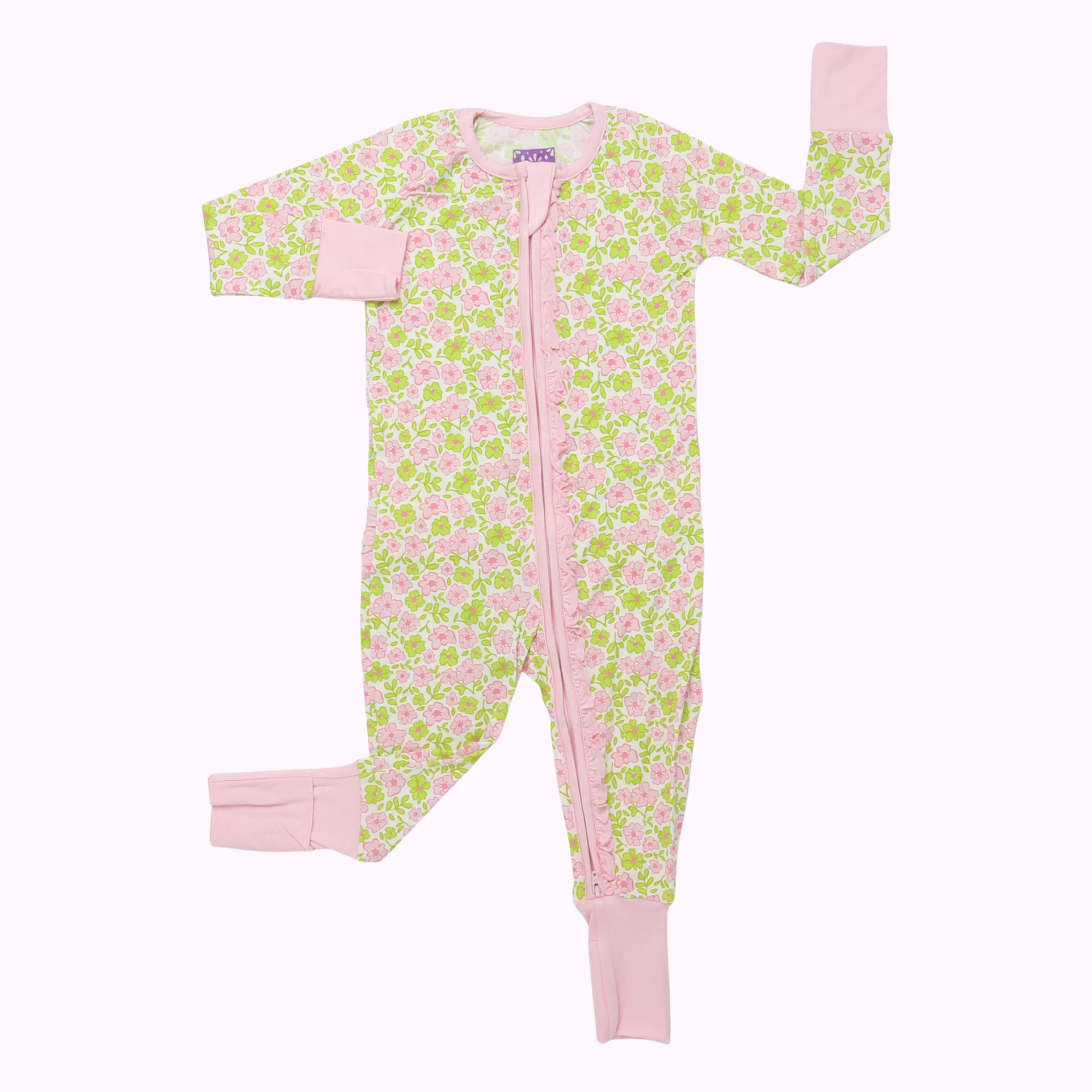 Pink and Green Floral Ruffle Romper | Poppy Kids Co