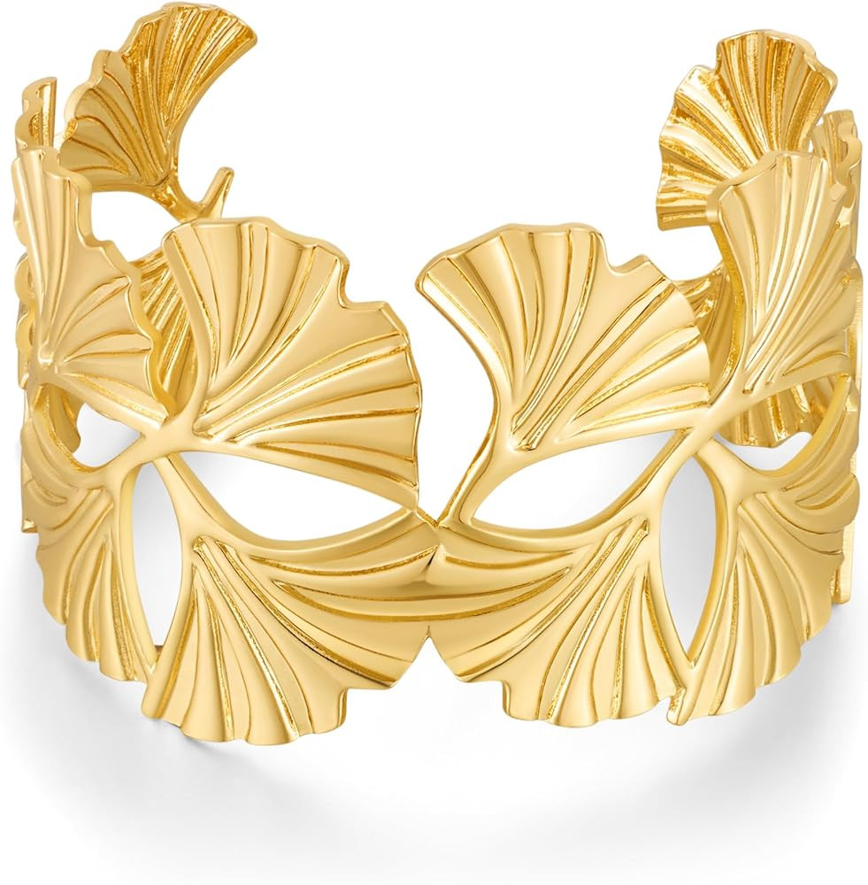Gold Chunky Cuff Bracelet for Women Coral Ginkgo Leaf Statement Vintage Bracelets Trendy Gold Sta... | Amazon (US)
