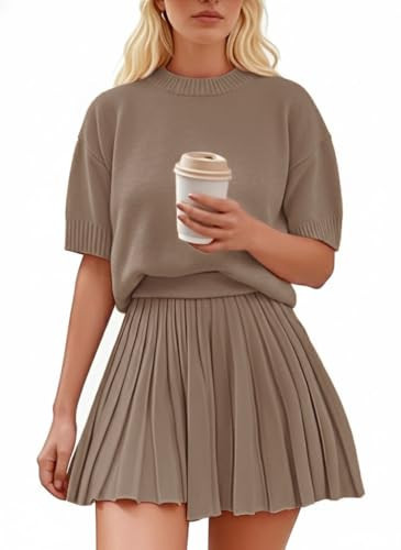 Jenisso Womens 2 Piece Outfits Short Sleeve Crewneck Knit Tops And Pleated Mini Skirt Two Piece Sets（Light brown,M | Amazon (US)