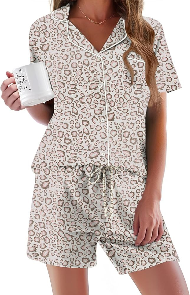 Ekouaer Pajamas Set for Women Short Sleeve Sleepwear Button Down Pjs Soft 2 Piece Lounge Sets XS-... | Amazon (US)