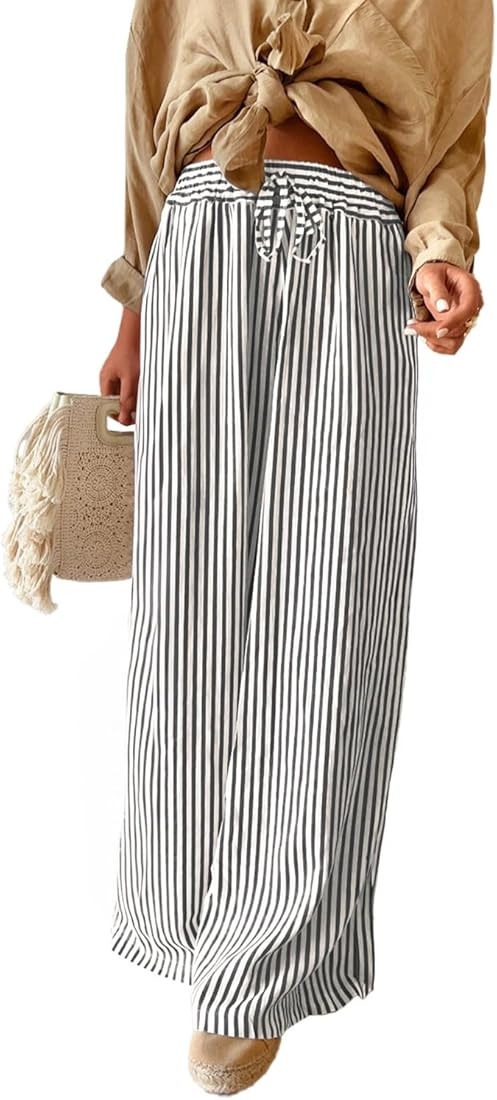 Acelitt Women Casual Drawstring Elastic Waist Striped Wide Leg Pants with Pockets, S-XXL | Amazon (US)