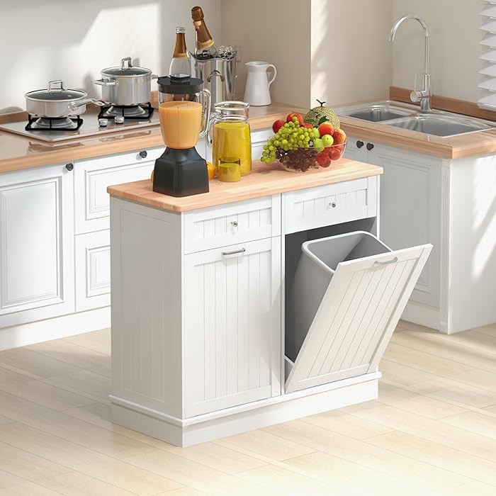 TOLEAD Tilt Out Trash Cabinet,Antique-Style Beadboard Kitchen Island with Solid Wood Tabletop & D... | Amazon (US)