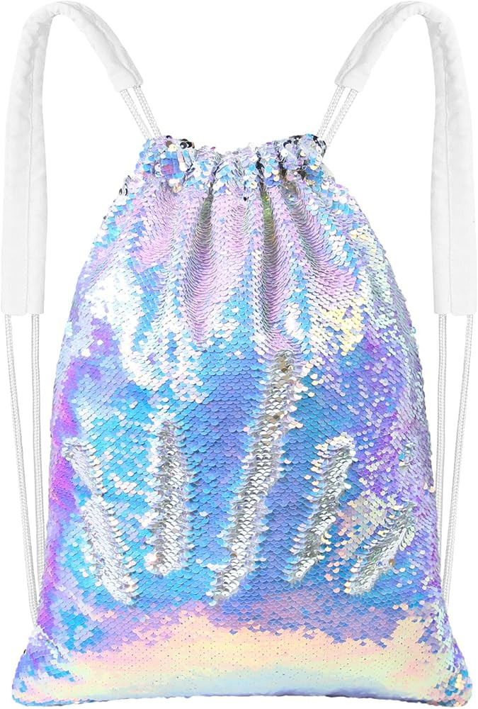 MHJY Sparkly Drawstring Backpack Mermaid Sequin Dance Bag Sports Gym Beach Swim Backpack Birthday... | Amazon (US)