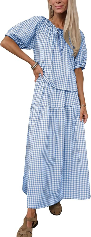 Qiaomai Womens 2 Piece Gingham Sets Puff Sleeve Plaid Top Tiered Maxi Skirt Matching Outfit Casua... | Amazon (US)