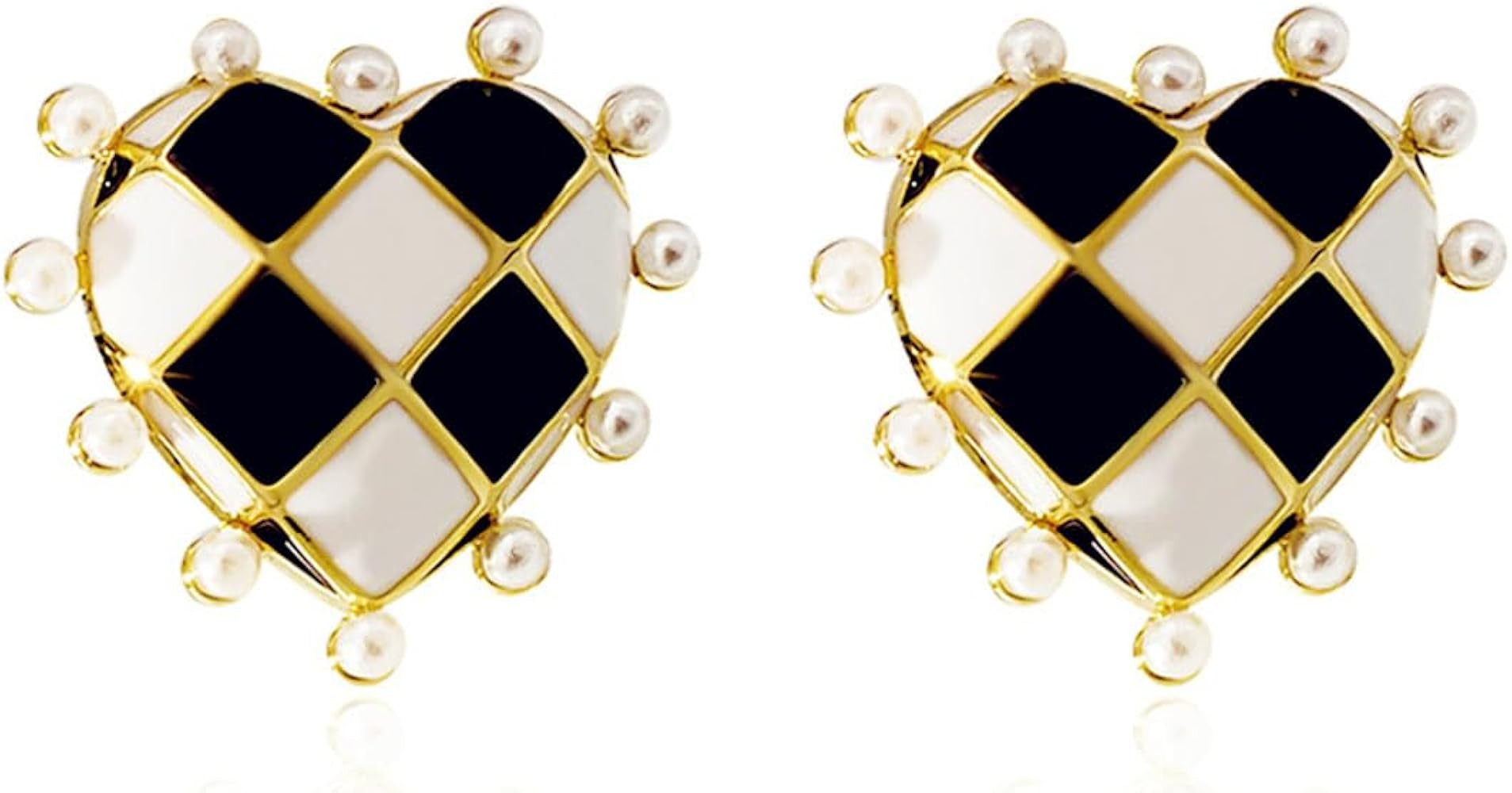 Checker Black White Heart Stud Earrings Gold Plated Vintage Enamel Checkerboard Love Hearts Latti... | Amazon (US)