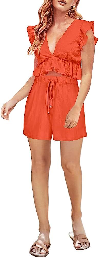 FANCYINN Womens Two Pieces Vacation Outfits Deep V Neck Ruffles Crop Top Drawstring Shorts Set | Amazon (US)