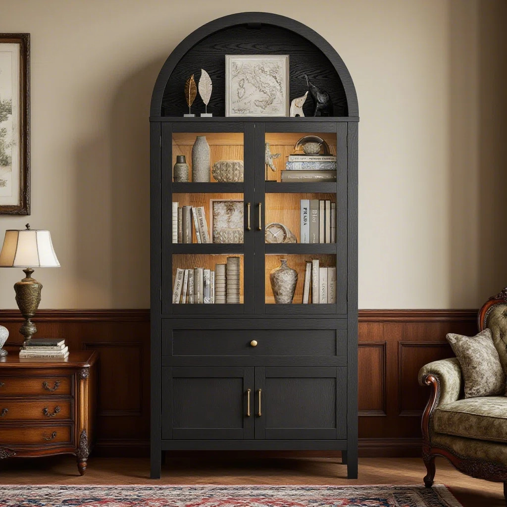 71'' Tall Full Wood Arched Bookcase with Glass Doors, Adjustable Shelves & LED Lights, Drawer, Bo... | Wayfair North America