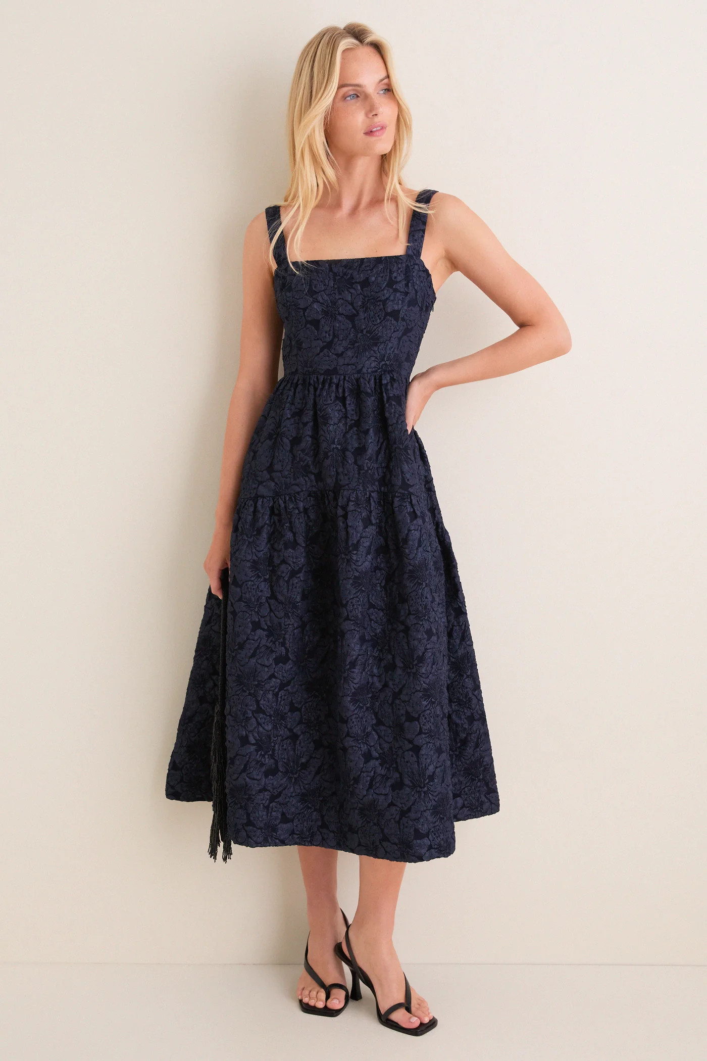 Navy Jacquard Square Neck Irene Midi Dress | Tuckernuck (US)
