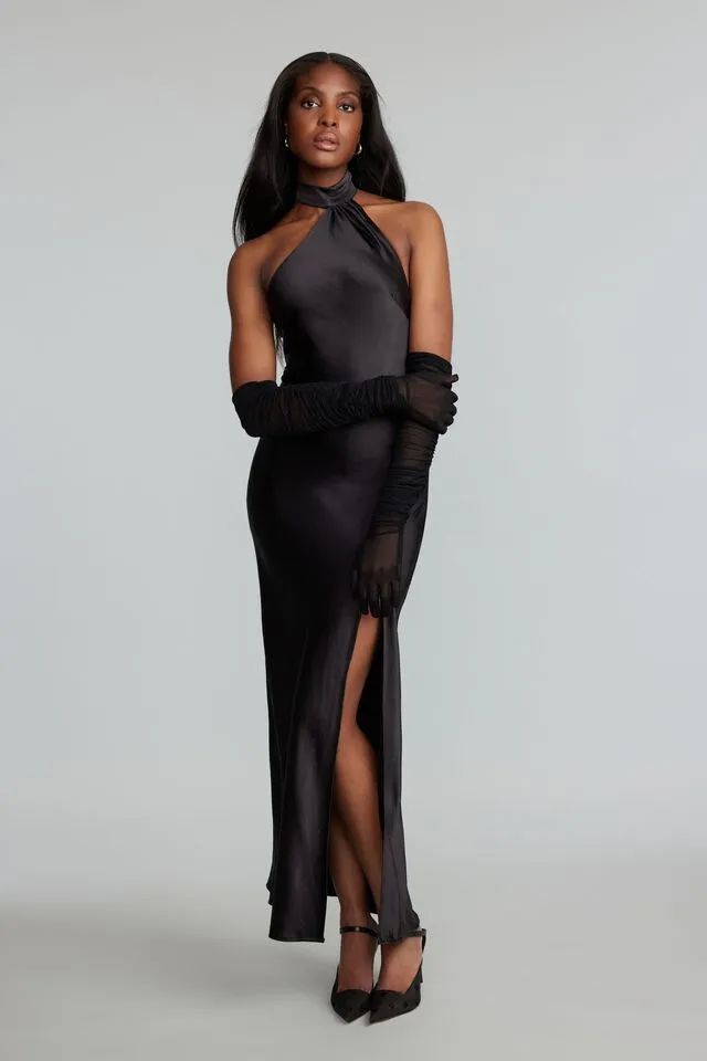 Audrey Halter Neckline Satin Maxi Dress$129.95 | Dynamite Clothing