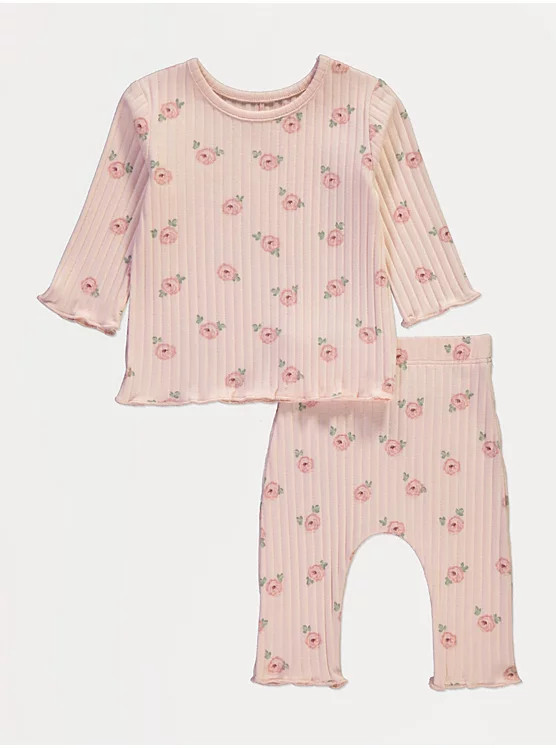 Pink Rose Ribbed Long Sleeve Top and Leggings | George at ASDA