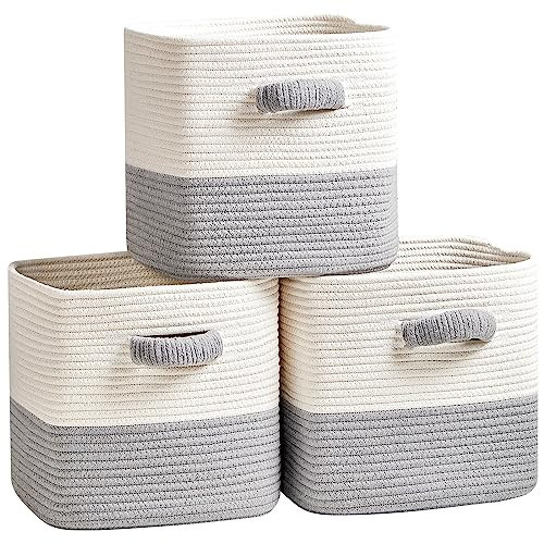 R RUNKA Storage Cube Baskets for Organizing- 3 Pack- 11 inch Square Baskets for Cube Storage, Closet Storage Bins- Woven Cube Storage Bins for Shelves- Ideal for Toy Storage |White & Grey | Amazon (US)