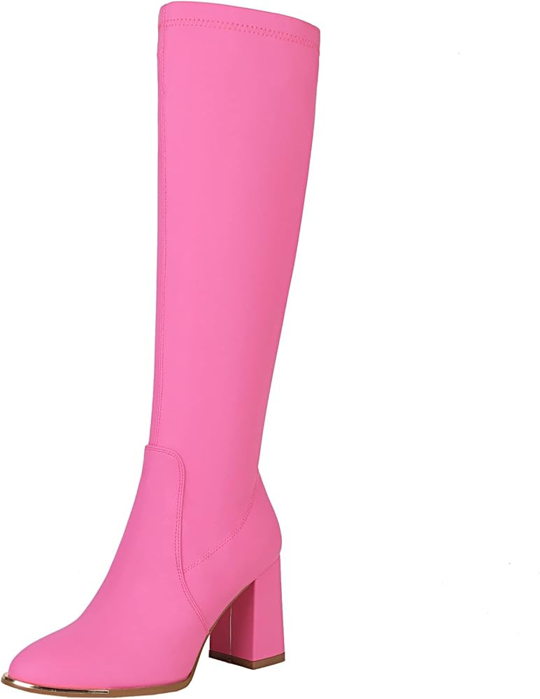 vivianly Women's Knee High Boots Pointed Toe Chunky Heel Long Boots With Side Zipper | Amazon (US)