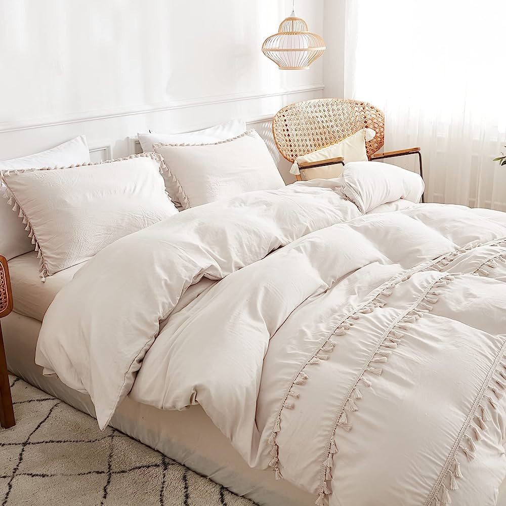 Bedbay Beige Duvet Cover King Size Farmhouse Boho Bedding Set Beige Cream Tufted Tassel Fringed 3... | Amazon (CA)