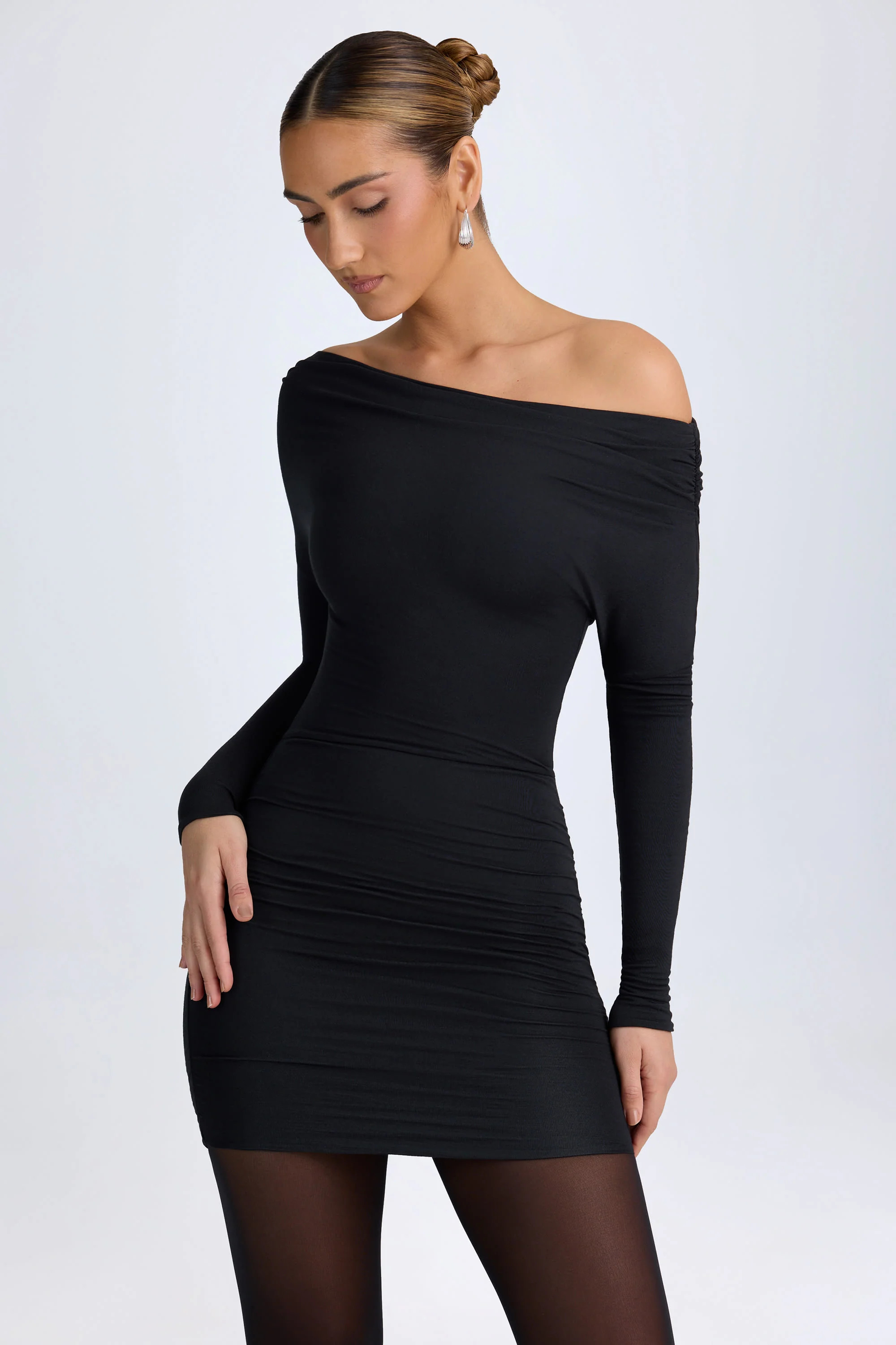 Modal Off-Shoulder Ruched Mini Dress in Black | Oh Polly