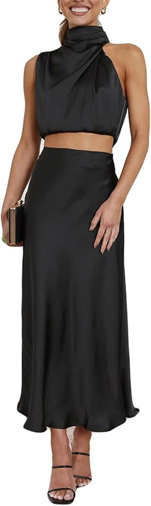 Womens Sexy 2 Pieces Satin Crop Tops Shirts Bodycon Skirts Party Clubwear Dress Outfits Set | Amazon (US)
