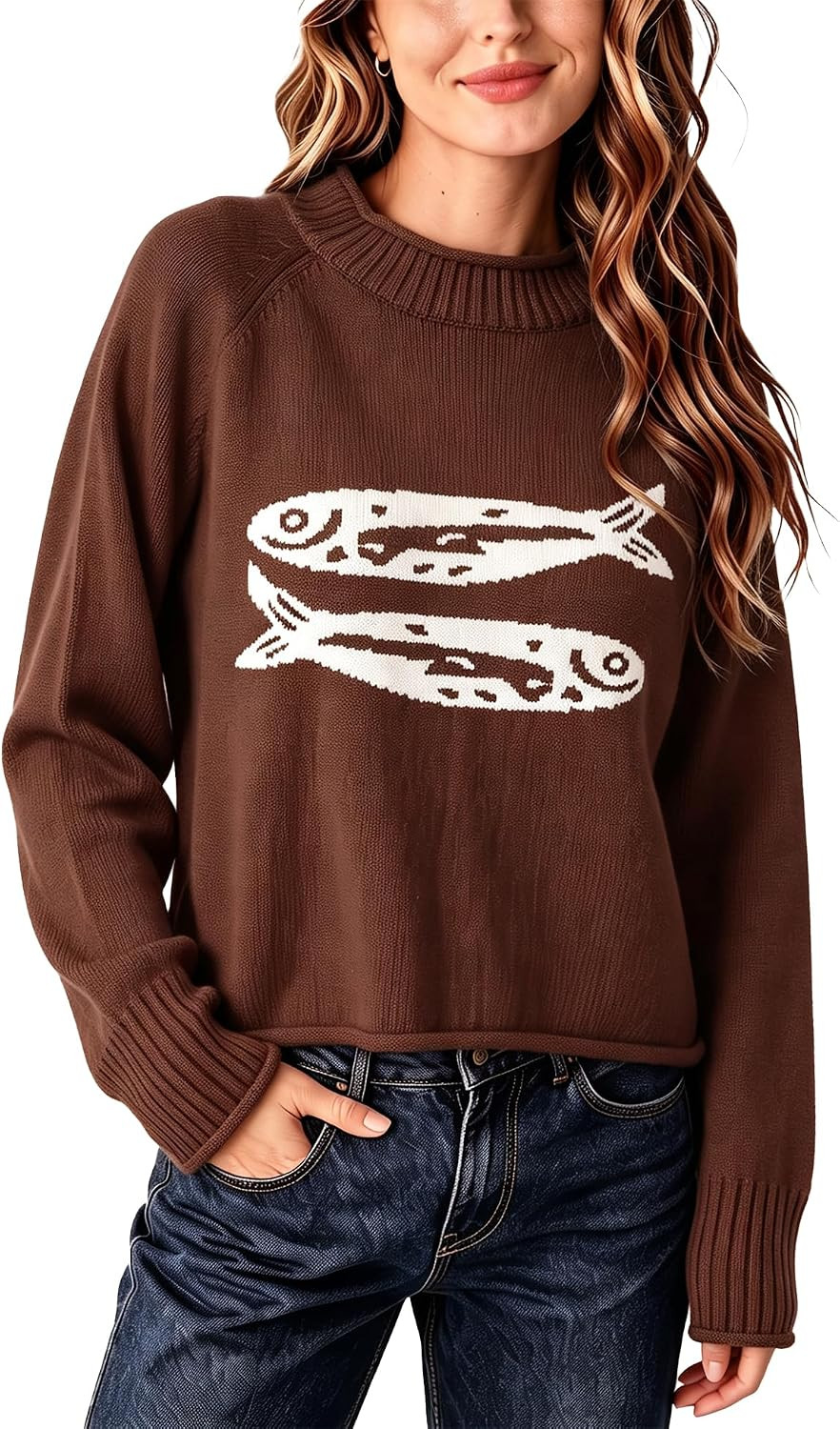 Fish Graphic Sweater Roll Hem Long Sleeve Fall Sweater Y2k Vintage Knitted Pullover Sweaters Warm Knit Tops | Amazon (US)