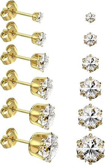 6 Pairs Stainless Steel Stud Earrings Set, Silver 14K Gold Plated 316L Stainless Steel Hypoallerg... | Amazon (US)
