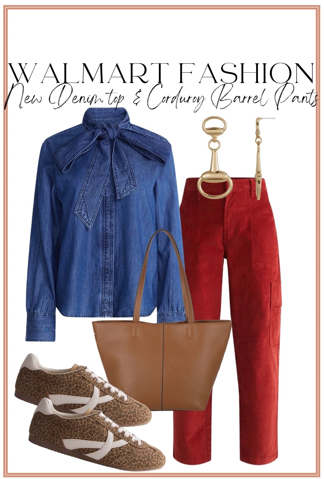 This color combination!! 😍 These new Walmart fashion arrivals make such a fun fall outfit. The denim bow-neck top is such an elevated take on a classic denim shirt, and I LOVE it paired with these rich rust-red corduroy barrel pants. Add leopard sneakers, a cognac tote and gold accessories and the entire outfit feels so on trend while still being completely wearable. Such a cute way to mix denim, corduroy and leopard print for fall!

#WalmartFashion #WalmartFinds #WalmartStyle #WalmartFashionFinds #WalmartNewArrivals #AffordableFashion #FallFashion #FallOutfitIdeas #DenimTop #CorduroyPants #BarrelPants #LeopardSneakers #AffordableStyle #FallWardrobe #WomensFashion

#LTKootd #LTKPetite