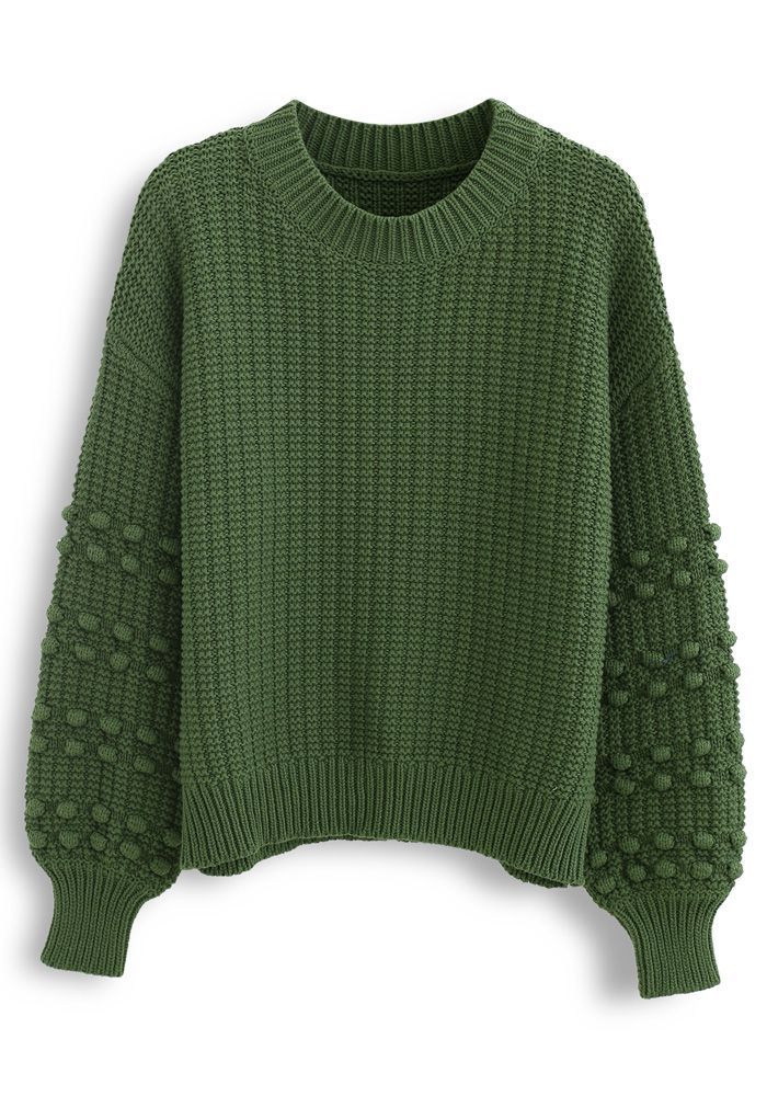 Bubble-Sleeve with Pom-Pom Detail Sweater in Green | Chicwish