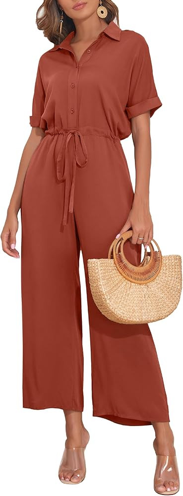 PrettyGuide Women's Wide Leg Jumpsuit with Pockets Casual Summer Waist Tie Button Short Sleeve Dress | Amazon (US)