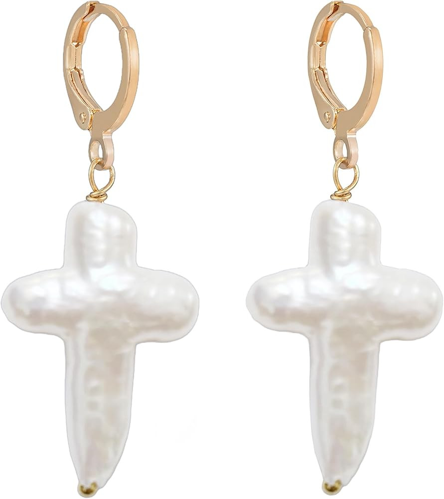 Nature Pearl Cross Earrings Freshwater Cross Pearl earrings Baroque Pearl Dangle Earrings Chunky ... | Amazon (US)