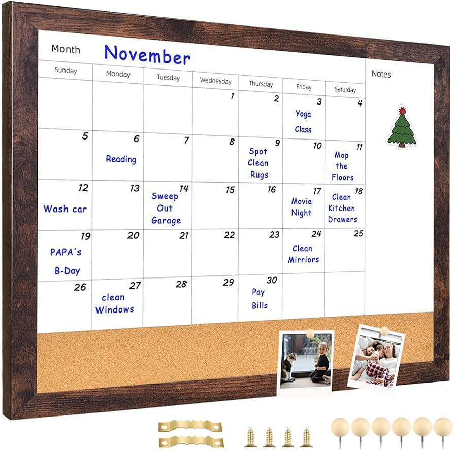 Monthly Calendar Dry Erase White Board & Cork Bulletin Board，13" x 17" Brown Wood Frame，Magne... | Amazon (US)