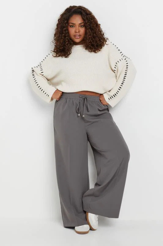 YOURS Plus Size Grey Pull On Wide Leg Trousers | Yours Clothing UK
