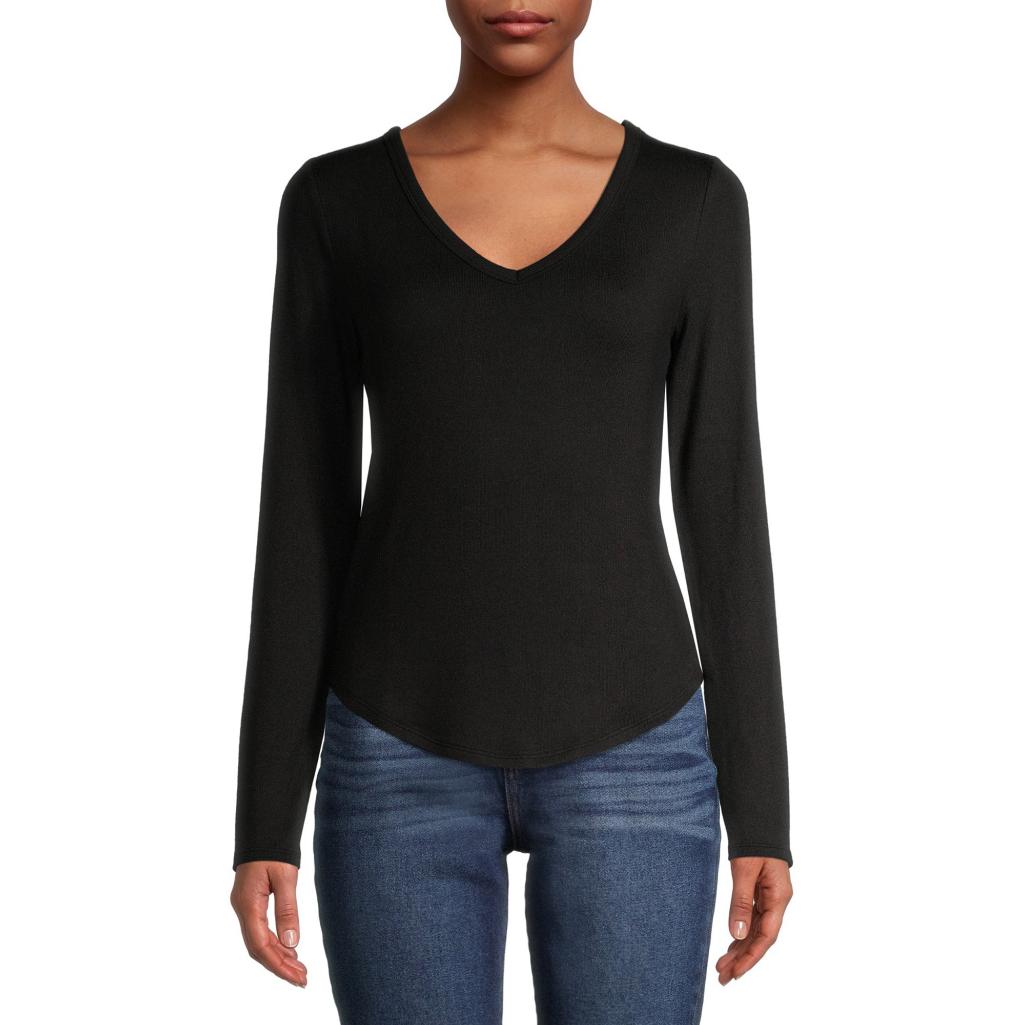 No Boundaries Juniors' Stretchy V-Neck Long Sleeve T-Shirt, 2-Pack | Walmart (US)