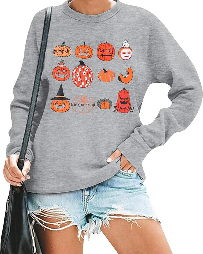 VILOVE Womens Halloween Pumpkin Sweatshirts Loose Graphic Crewneck Long Sleeve Casual Pullover Sh... | Amazon (US)