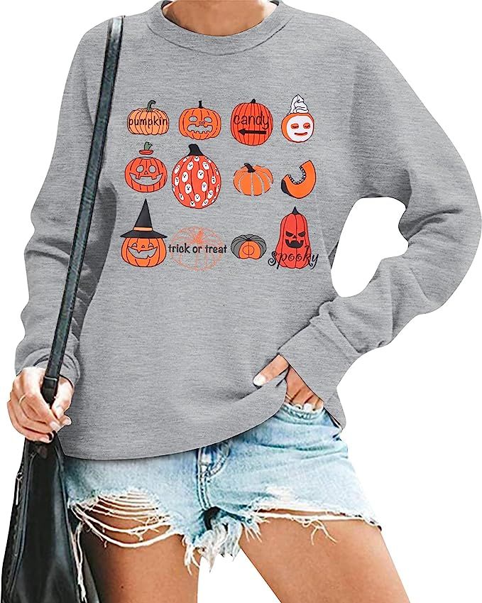 VILOVE Womens Halloween Pumpkin Sweatshirts Loose Graphic Crewneck Long Sleeve Casual Pullover Sh... | Amazon (US)