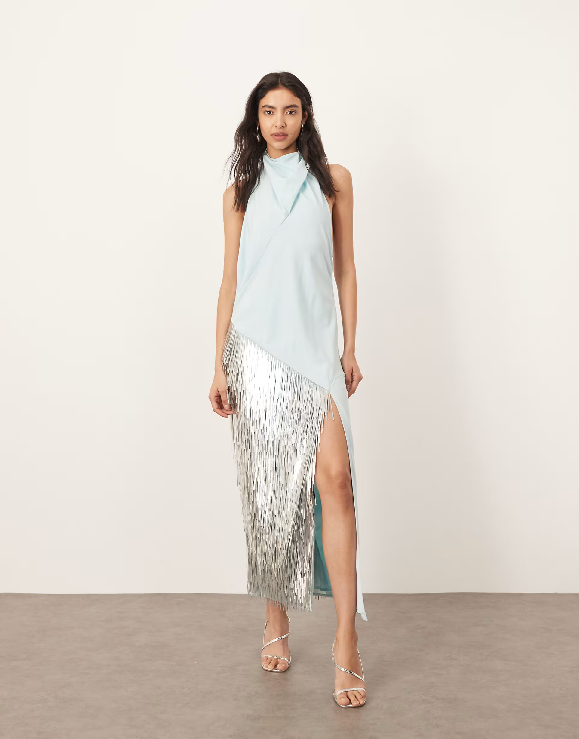 ARRANGE embellished shard panel halterneck maxi dress in light blue | ASOS (Global)