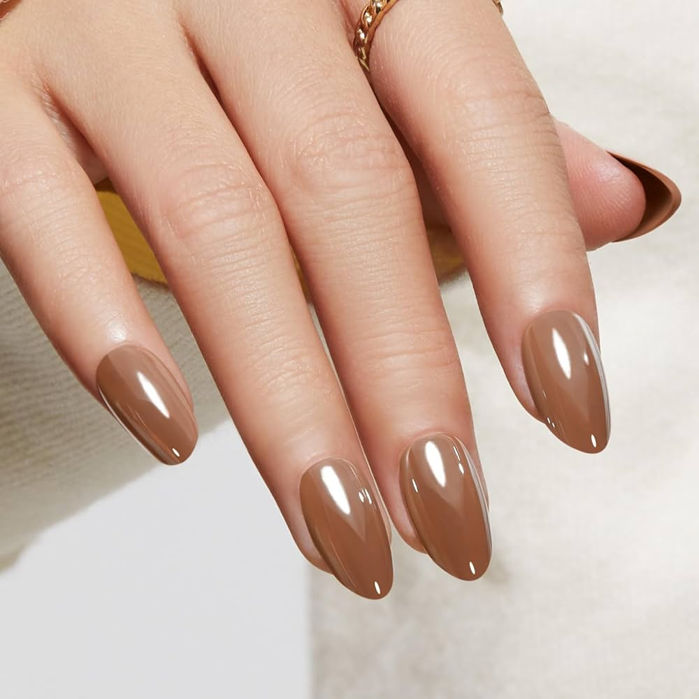 Modelones 32Pcs Fall Press on Nails Almond, Upgrade Short Chrome Brown Fake Nails, Reusable Nail ... | Amazon (US)