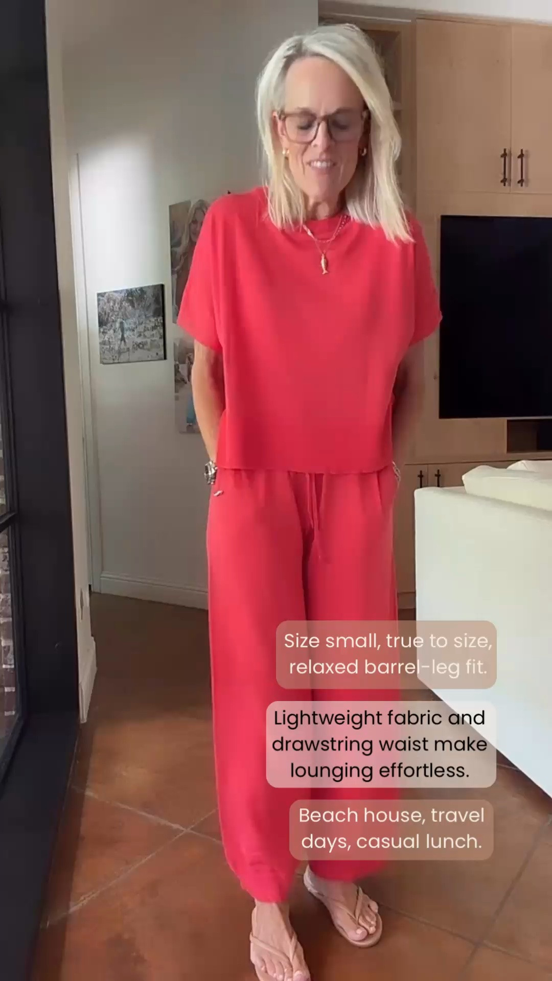 This red matching set is such an easy vacation piece! I love the beautiful red color, lightweight fabric, and relaxed pull-on pants with a comfortable drawstring waist and subtle barrel-leg shape. Wearing a small, true to size. Perfect for lounging at the beach house, traveling, or adding sandals and a few accessories for an easy summer look.

💡 LTK MADE EASY
❤️ Heart = Support my posts!
🔖 Save = Get sale & restock alerts
📋 Lists = Keep favorites organized
📲 Share = Send lists and products to a friend. Hello, Christmas List!
💬 Comment = Ask me anything about what I’m wearing. :-)

#LTKootd #LTKOver40