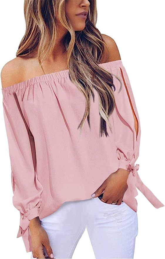 ZANZEA Womens Off The Shoulder Tops Summer Casual Sexy Slit Sleeve Tie Cuff Blouses | Amazon (US)
