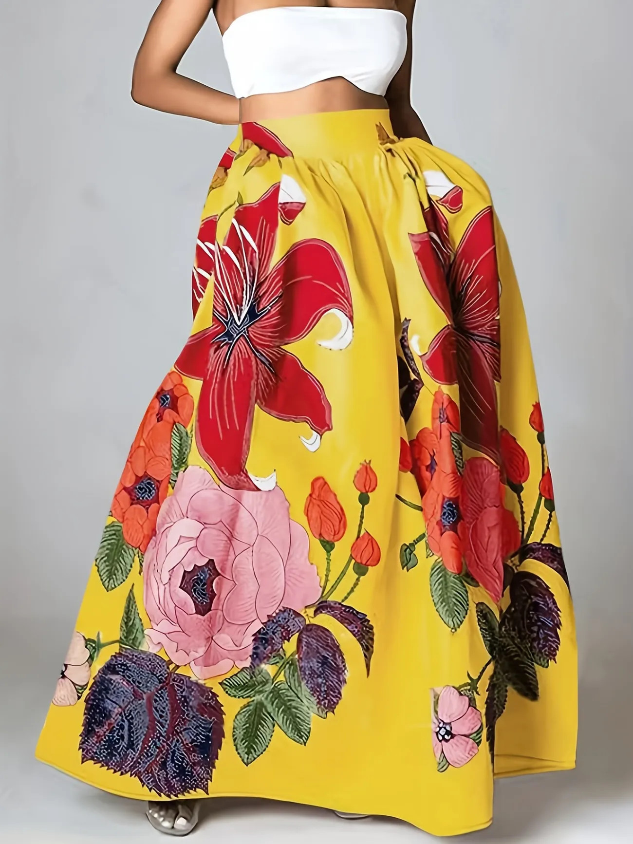 Plus Size Casual Skirt, Women's Plus Floral Print High Rise Slight Stretch Maxi A-line Dress | Temu Affiliate Program